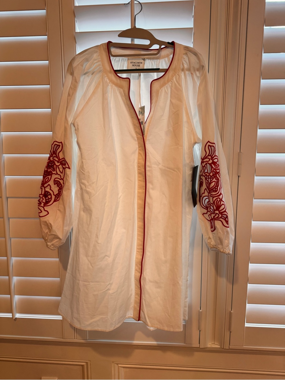 White Women's Embroidered Long Sleeve Shift Dress with Pink Trim